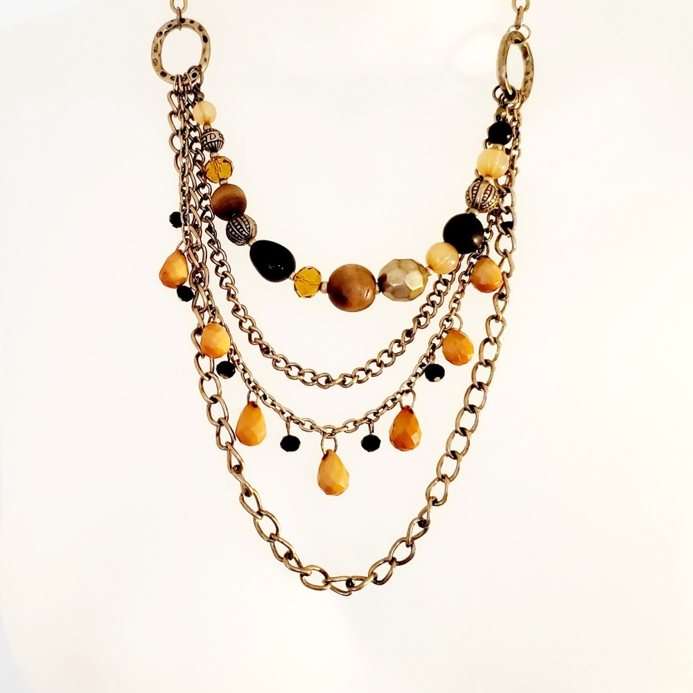 Golden Harvest Fall Beads on 4 Various Sized Link Chains  23" Sweater Necklace